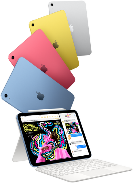 iPad i blå, rosa, gul og sølvfinish, og en iPad med Magic Keyboard Folio.